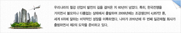 우리나라의 철강 산업이 발전의 길을 걸어온 지 60년이 넘었다. 특히, 한국전쟁을 거치면서 불모지나 다름없는 상태에서 출발하여 2009년에는 조강생산이 4,857만 톤, 세계 6위에 달하는 비약적인 성장을 이룩하였다. 나아가 2010년에 두 번째 일관제철 회사가 출범하면서 제2의 도약을 준비하고 있다.