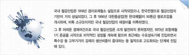 국내 철강산업은 1918년 겸이포제철소 설립으로 시작되었으나, 한국전쟁으로 철강산업의 기반이 거의 상실되었다. 그 후 1956년 대한중공업(현 현대제철)이 50톤급 평로조업을 개시하여, 비록 소규모이지만 국내 철강산업의 재정비를 이룩하였다.
그 후 어려운 경제여건으로 국내 철강산업은 크게 발전하지 못하였지만, 1973년 포항제철1기 준공을 시작으로 비약적인 성장을 계속해 왔으며 최근에는 수요성숙기에 진입하면서 특수강 등 고부가가치 강재의 생산비중이 증대하는 등 질적으로 고도화되는 단계에 진입해 있다.